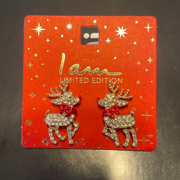 ⚜️I Am Gold Rhinestone Encrusted Reindeer Earrings! NWT! - Picture 2 of 2